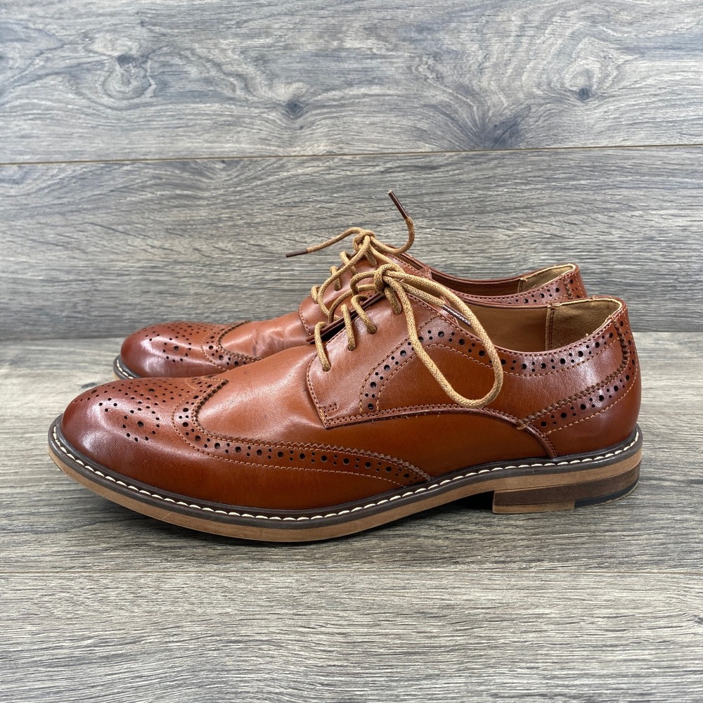 Temeshu Mens Tan Leather Wingtip Brogue Oxford Dress Shoes Size 8.5 US